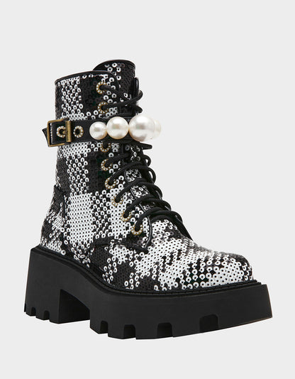 Betsey Johnson Everyday | JONNIE BLACK WHITE PLAID Lace-Up Platform Combat Women's Ankle Boot