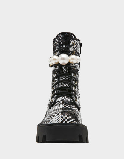 Betsey Johnson Everyday | JONNIE BLACK WHITE PLAID Lace-Up Platform Combat Women's Ankle Boot