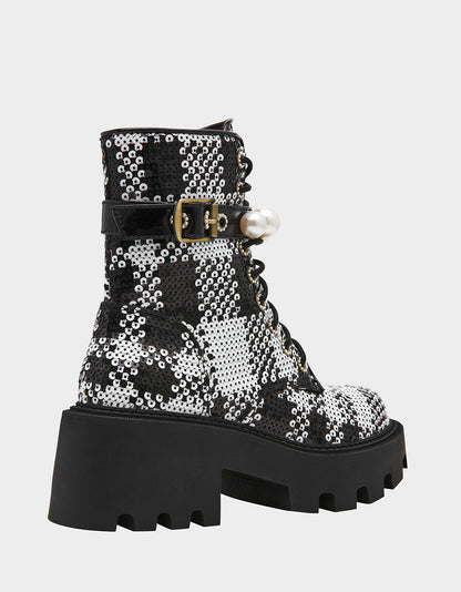 Betsey Johnson Everyday | JONNIE BLACK WHITE PLAID Lace-Up Platform Combat Women's Ankle Boot