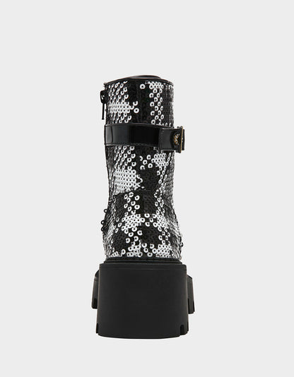 Betsey Johnson Everyday | JONNIE BLACK WHITE PLAID Lace-Up Platform Combat Women's Ankle Boot