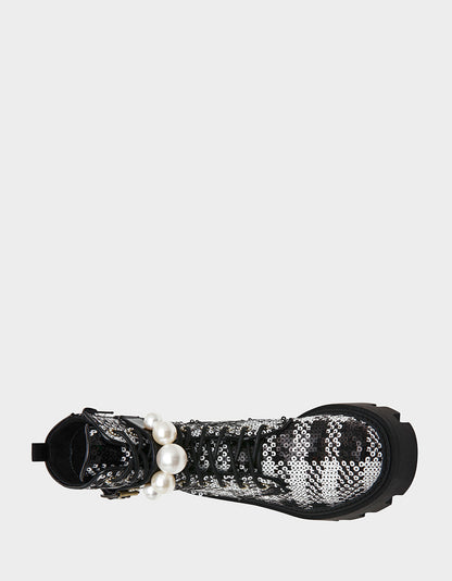 Betsey Johnson Everyday | JONNIE BLACK WHITE PLAID Lace-Up Platform Combat Women's Ankle Boot