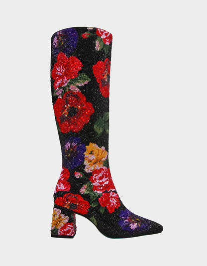 Betsey Johnson Smart Buy | AVON BLACK FLOWER MULTI Women's Knee High Rhinestone Floral Boots