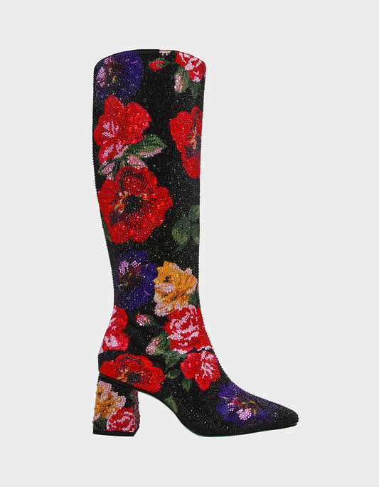 Betsey Johnson Smart Buy | AVON BLACK FLOWER MULTI Women's Knee High Rhinestone Floral Boots