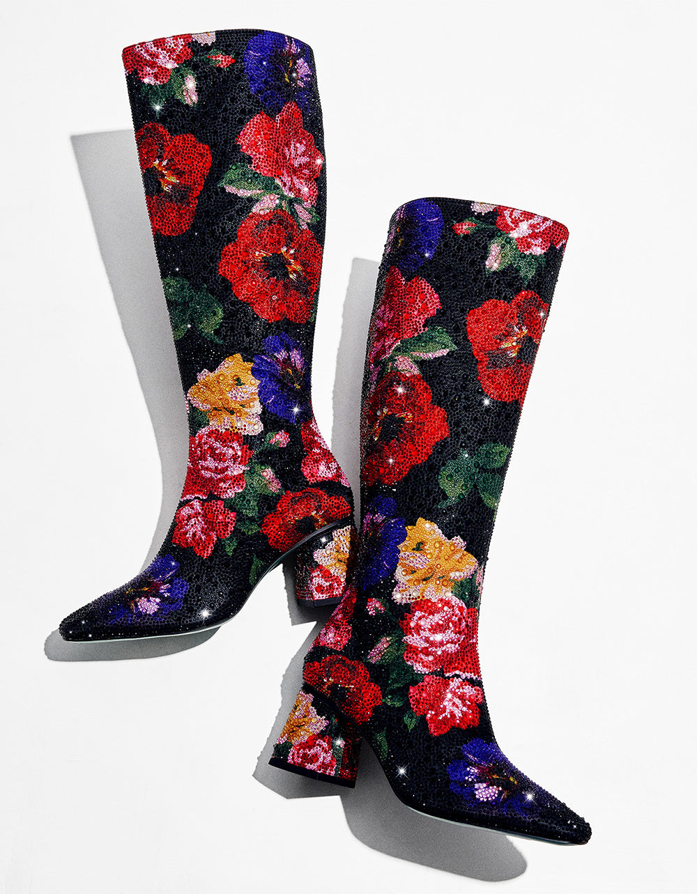 Betsey Johnson Smart Buy | AVON BLACK FLOWER MULTI Women's Knee High Rhinestone Floral Boots