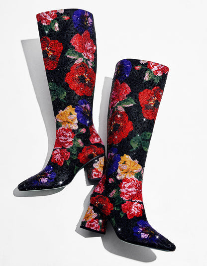 Betsey Johnson Smart Buy | AVON BLACK FLOWER MULTI Women's Knee High Rhinestone Floral Boots