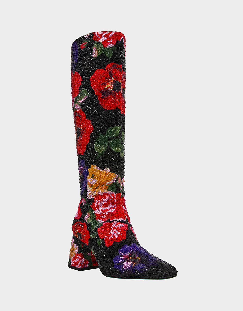 Betsey Johnson Smart Buy | AVON BLACK FLOWER MULTI Women's Knee High Rhinestone Floral Boots