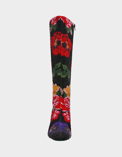 Betsey Johnson Smart Buy | AVON BLACK FLOWER MULTI Women's Knee High Rhinestone Floral Boots