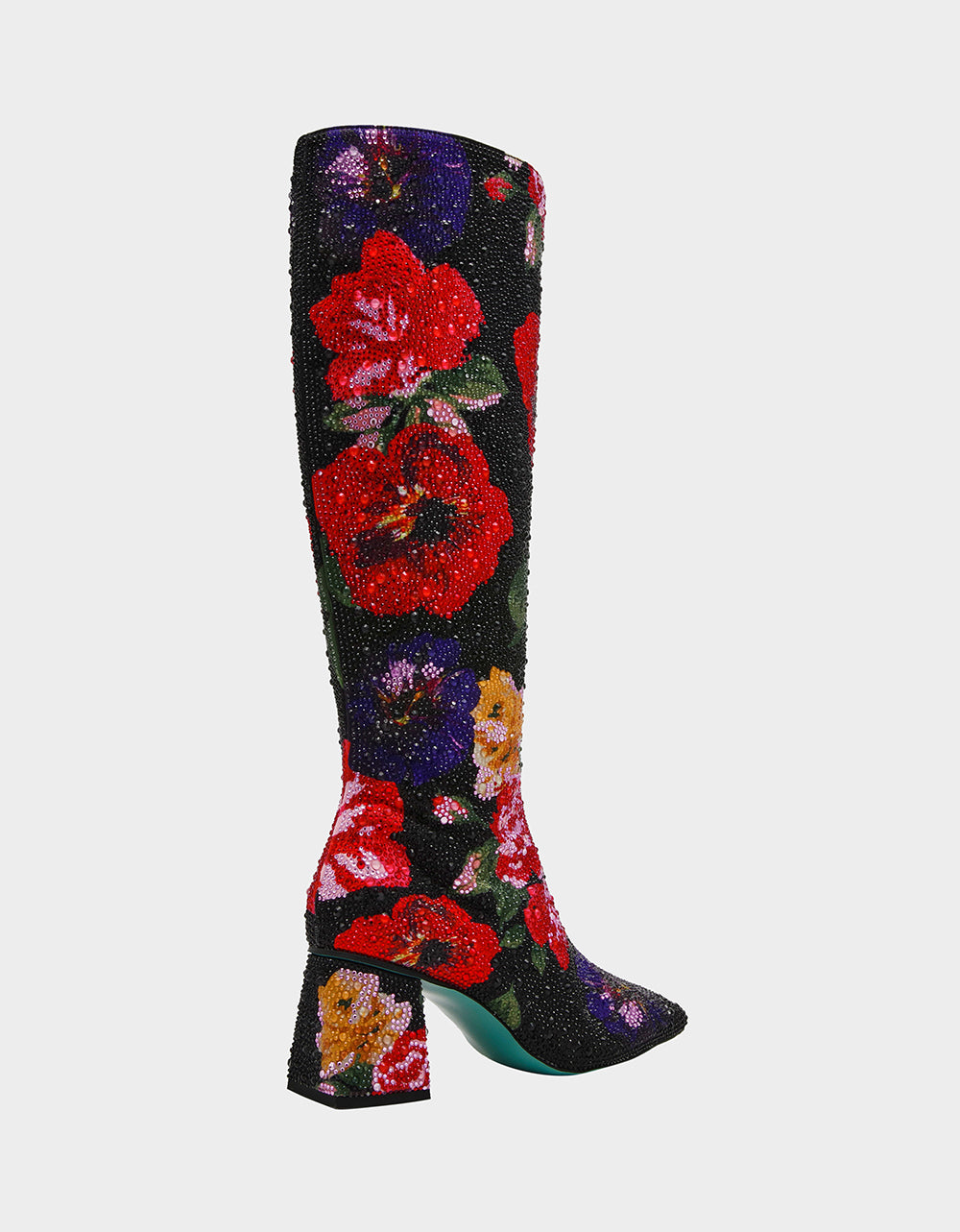 Betsey Johnson Smart Buy | AVON BLACK FLOWER MULTI Women's Knee High Rhinestone Floral Boots