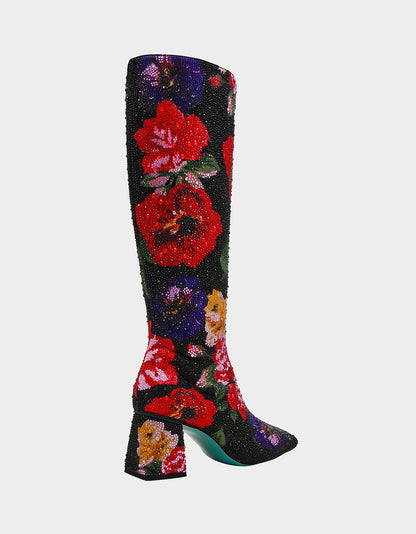 Betsey Johnson Smart Buy | AVON BLACK FLOWER MULTI Women's Knee High Rhinestone Floral Boots