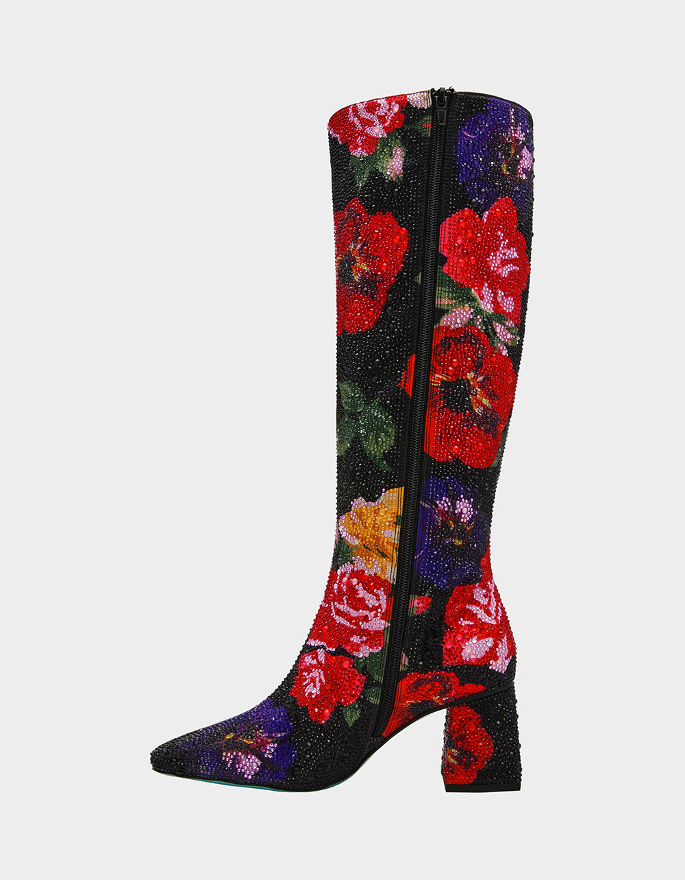 Betsey Johnson Smart Buy | AVON BLACK FLOWER MULTI Women's Knee High Rhinestone Floral Boots