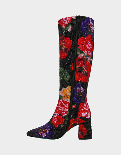 Betsey Johnson Smart Buy | AVON BLACK FLOWER MULTI Women's Knee High Rhinestone Floral Boots