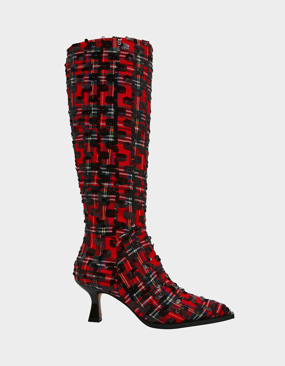 Betsey Johnson Trending | PAMELLA RED PLAID Women's Knee High Kitten Heel Boot with Pointed Toe