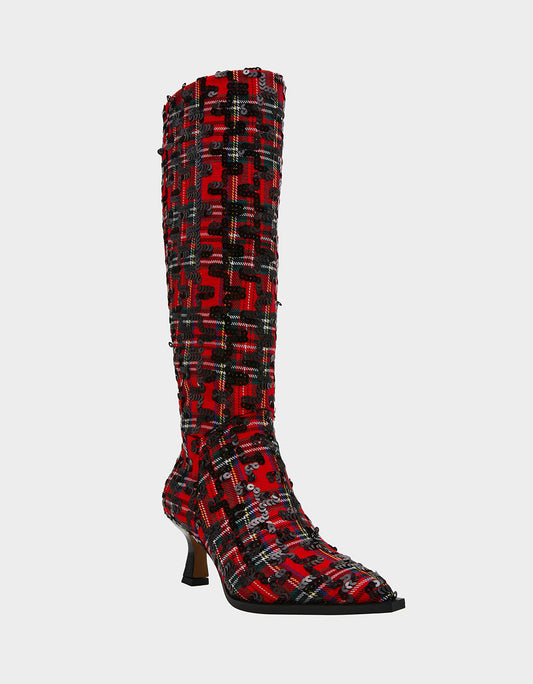 Betsey Johnson Trending | PAMELLA RED PLAID Women's Knee High Kitten Heel Boot with Pointed Toe