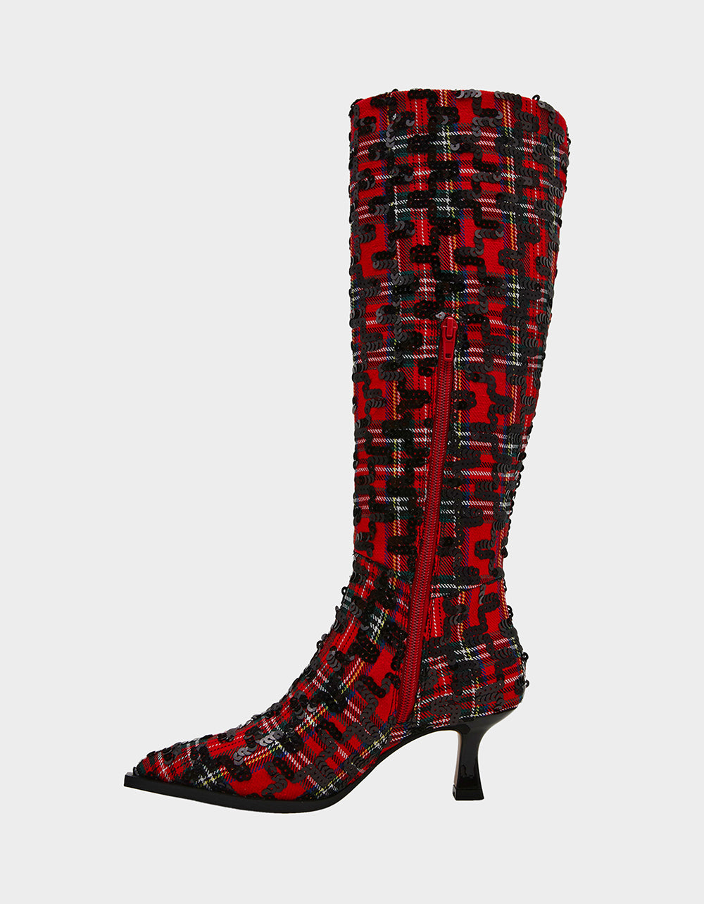 Betsey Johnson Trending | PAMELLA RED PLAID Women's Knee High Kitten Heel Boot with Pointed Toe