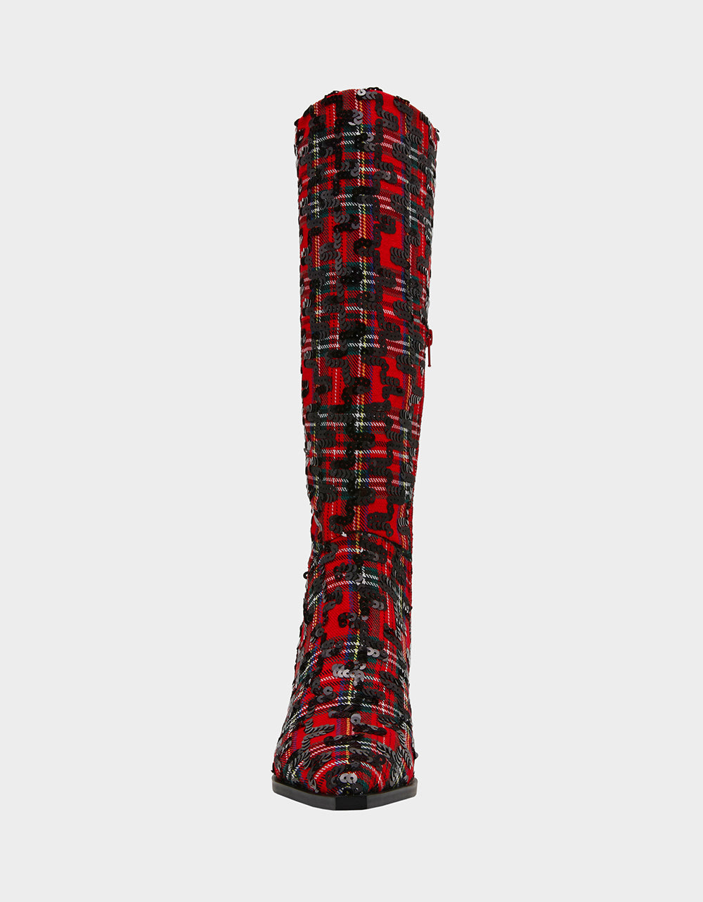 Betsey Johnson Trending | PAMELLA RED PLAID Women's Knee High Kitten Heel Boot with Pointed Toe