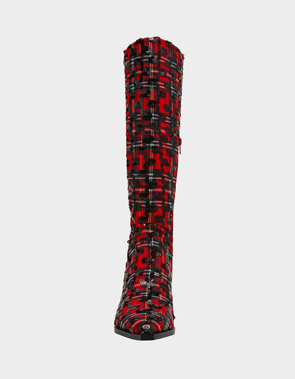 Betsey Johnson Trending | PAMELLA RED PLAID Women's Knee High Kitten Heel Boot with Pointed Toe