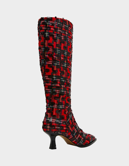 Betsey Johnson Trending | PAMELLA RED PLAID Women's Knee High Kitten Heel Boot with Pointed Toe