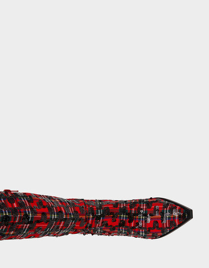 Betsey Johnson Trending | PAMELLA RED PLAID Women's Knee High Kitten Heel Boot with Pointed Toe