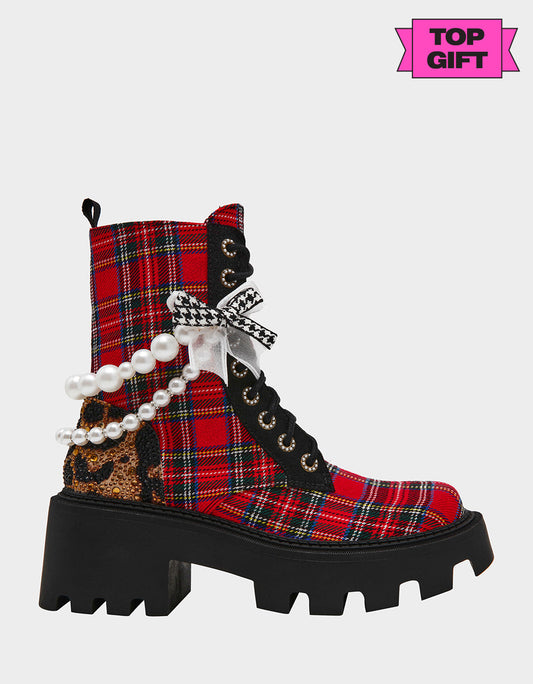 Betsey Johnson Popular | HARIETT RED PLAID Platform Lace-Up Lug Combat Pearl Women's Ankle Boot