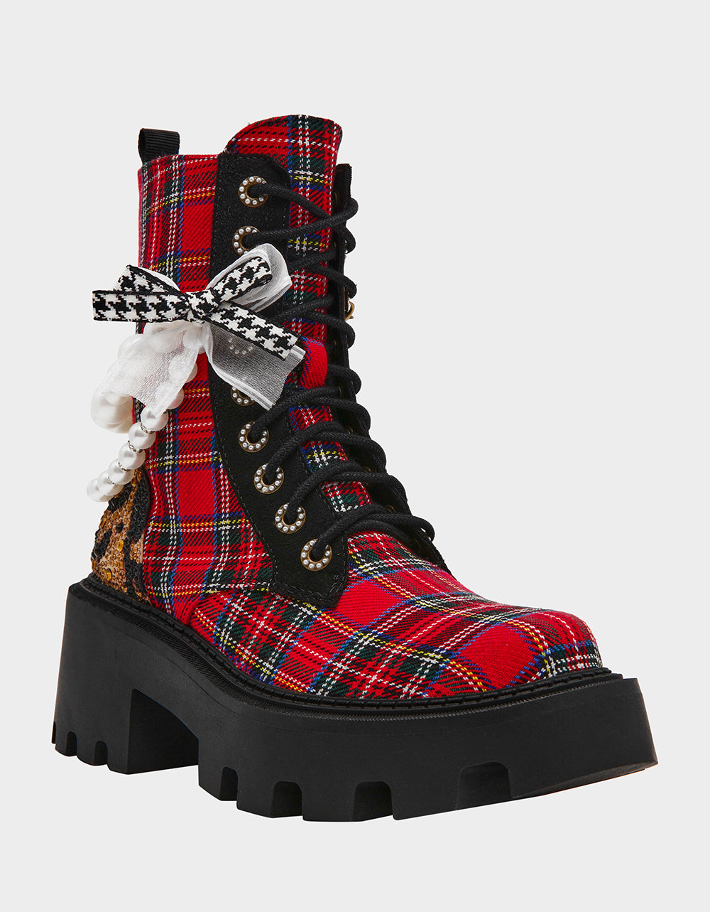 Betsey Johnson Popular | HARIETT RED PLAID Platform Lace-Up Lug Combat Pearl Women's Ankle Boot