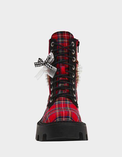 Betsey Johnson Popular | HARIETT RED PLAID Platform Lace-Up Lug Combat Pearl Women's Ankle Boot