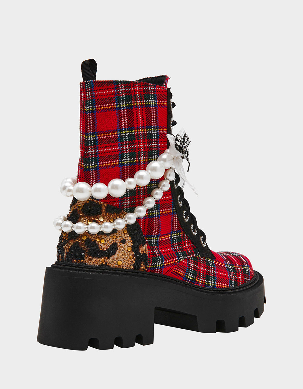 Betsey Johnson Popular | HARIETT RED PLAID Platform Lace-Up Lug Combat Pearl Women's Ankle Boot