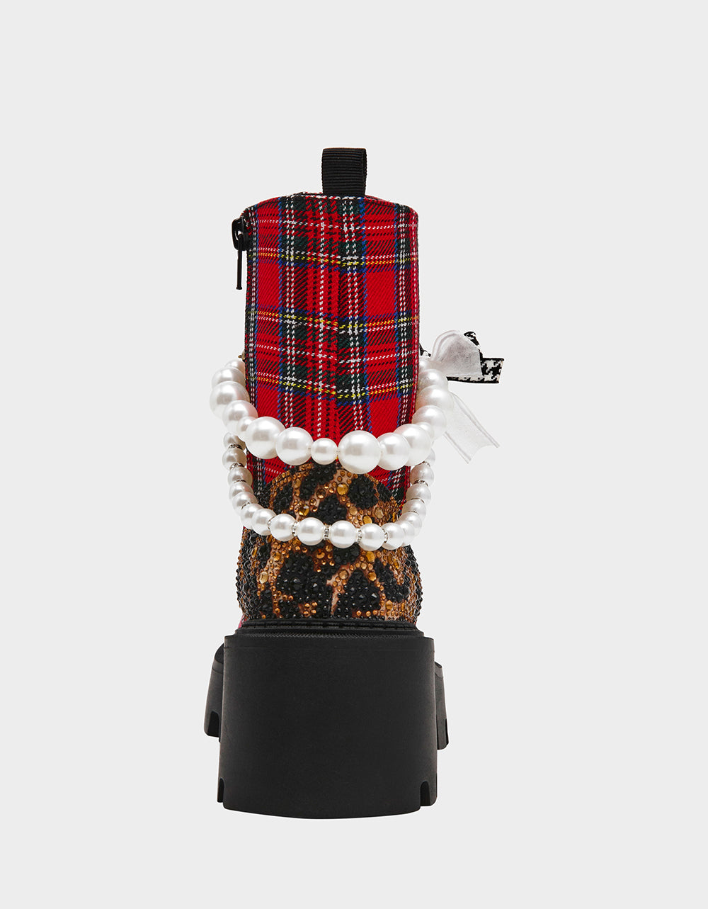 Betsey Johnson Popular | HARIETT RED PLAID Platform Lace-Up Lug Combat Pearl Women's Ankle Boot