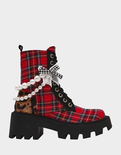 Betsey Johnson Popular | HARIETT RED PLAID Platform Lace-Up Lug Combat Pearl Women's Ankle Boot