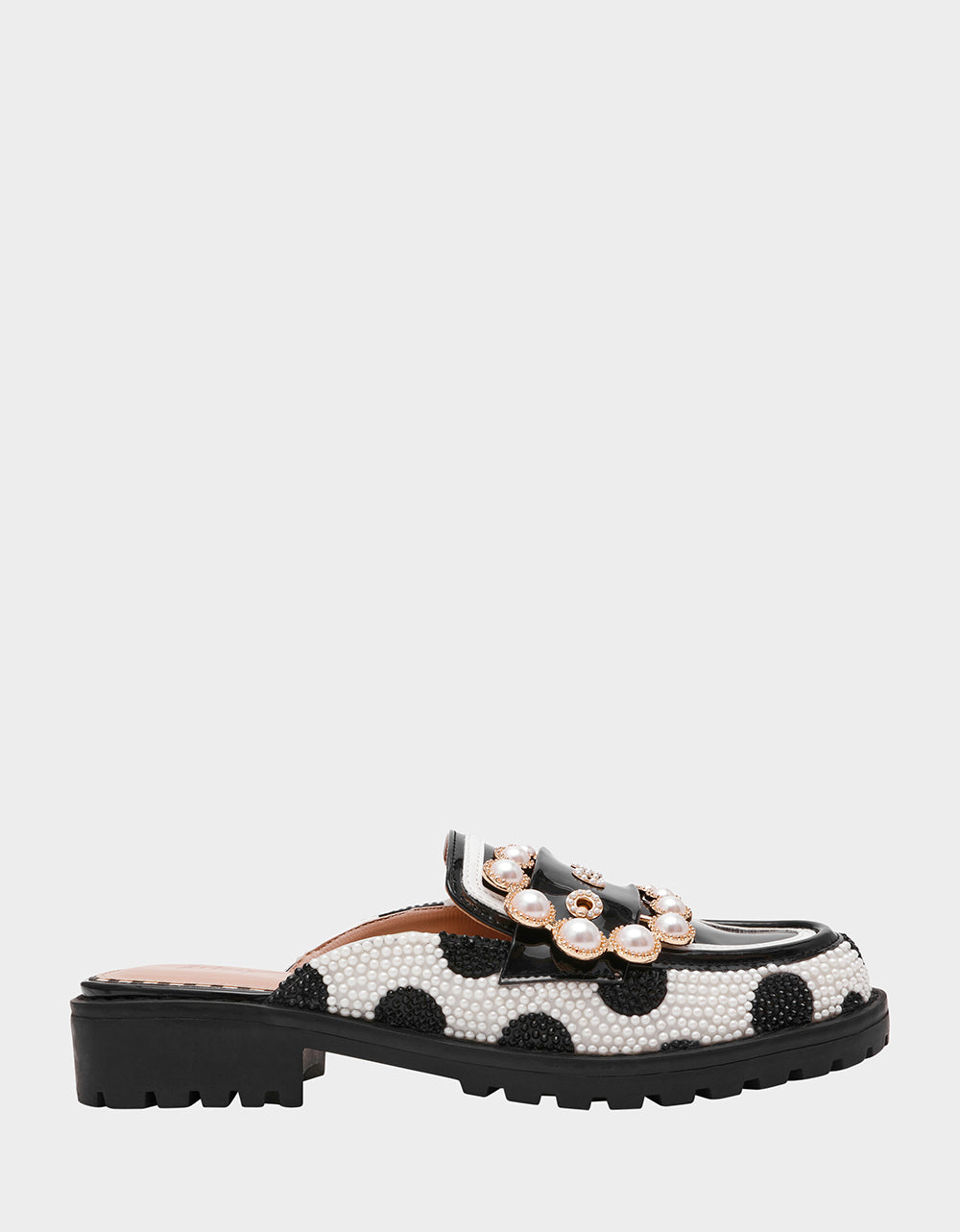 Betsey Johnson Discount | BARTON White/Black Polka Dot Mule Embellished Buckle Lug Women's Loafer