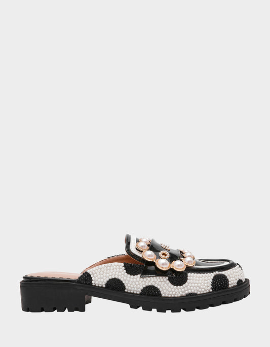 Betsey Johnson Discount | BARTON White/Black Polka Dot Mule Embellished Buckle Lug Women's Loafer