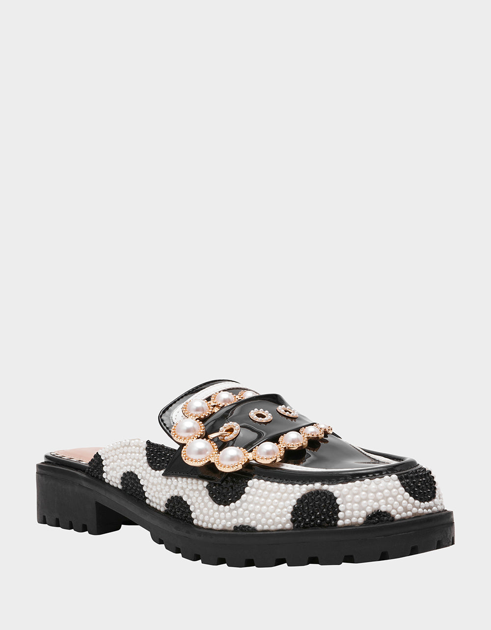 Betsey Johnson Discount | BARTON White/Black Polka Dot Mule Embellished Buckle Lug Women's Loafer