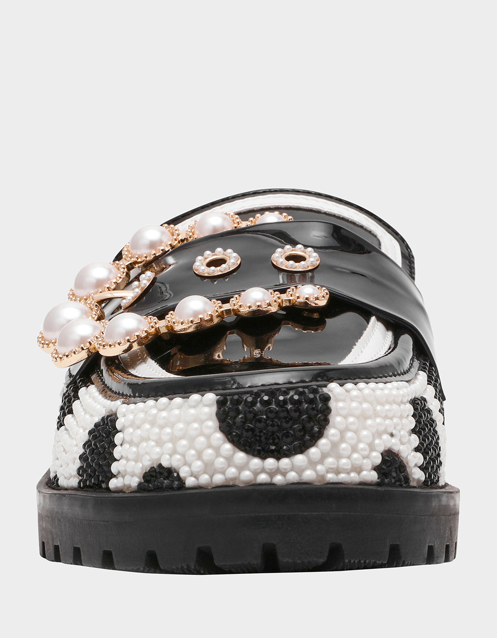 Betsey Johnson Discount | BARTON White/Black Polka Dot Mule Embellished Buckle Lug Women's Loafer