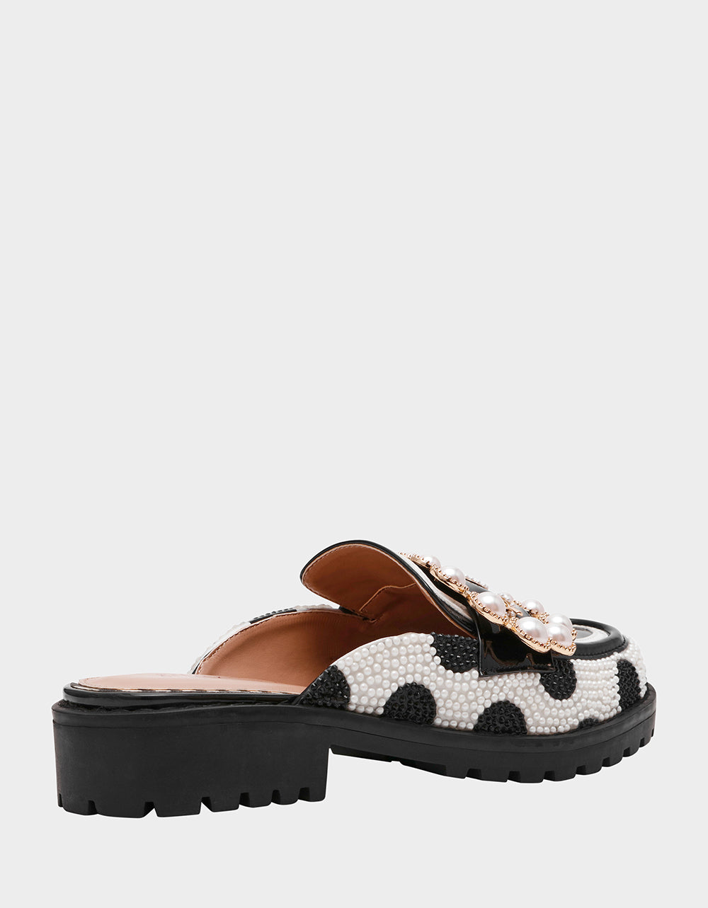 Betsey Johnson Discount | BARTON White/Black Polka Dot Mule Embellished Buckle Lug Women's Loafer