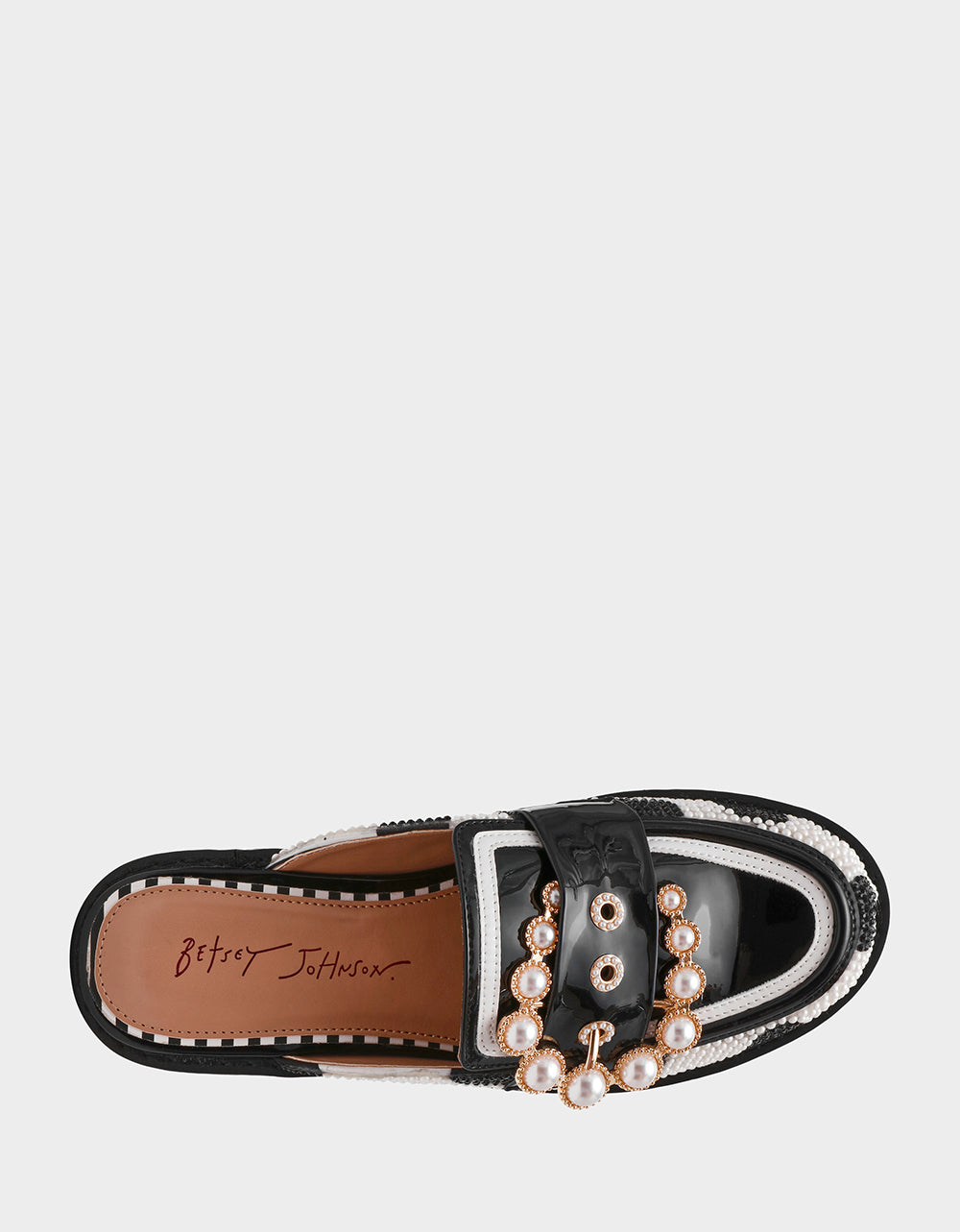 Betsey Johnson Discount | BARTON White/Black Polka Dot Mule Embellished Buckle Lug Women's Loafer