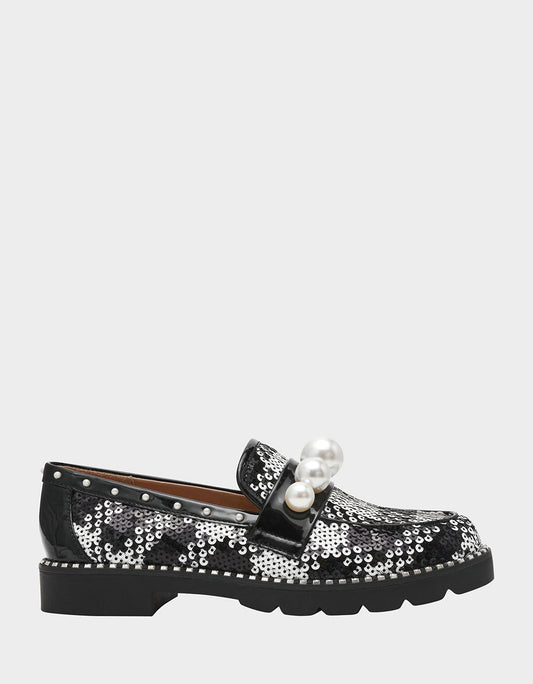 Betsey Johnson Premium | HARLOE BLACK WHITE PLAID Platfrom Pearl Embellished Women's Loafer