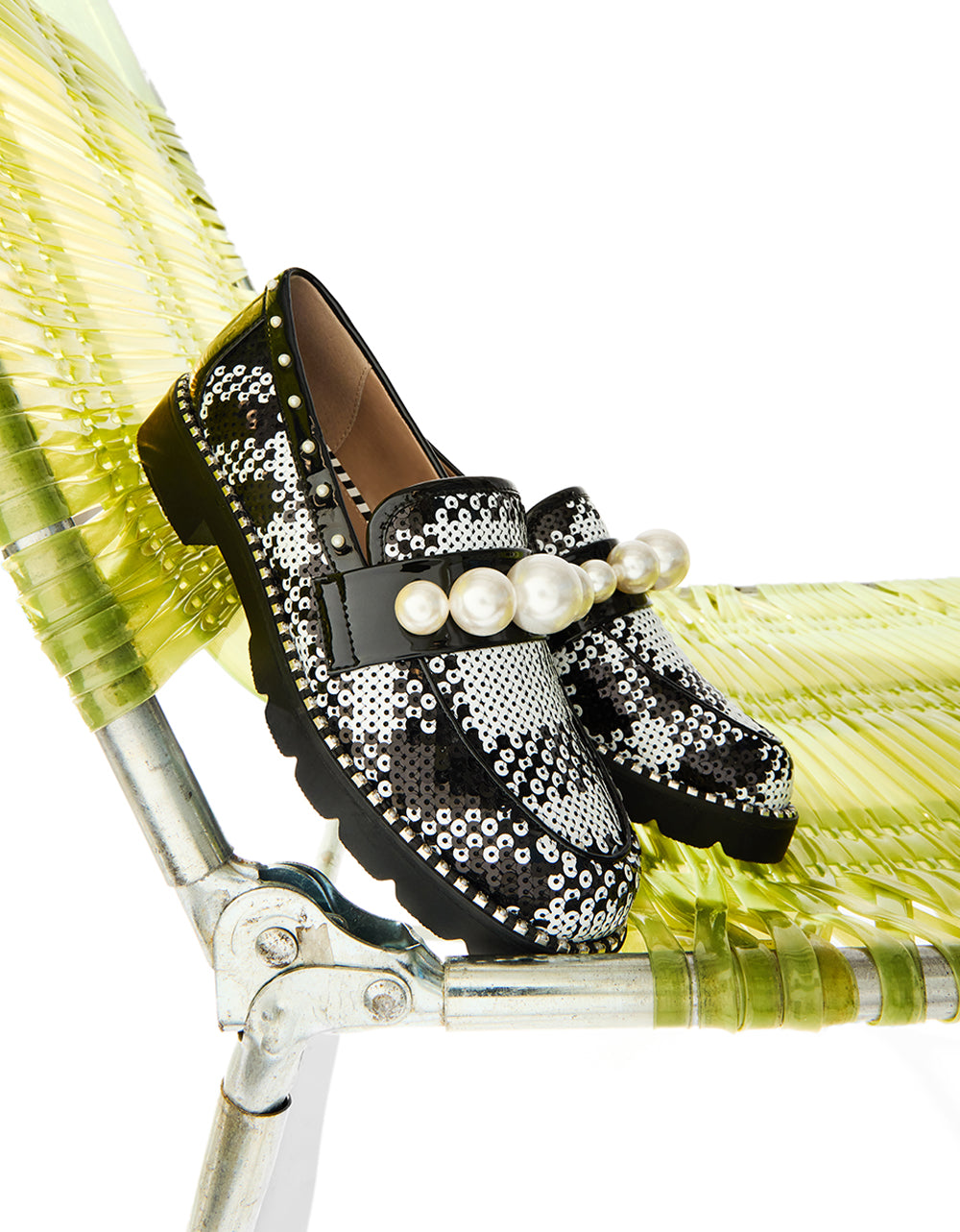 Betsey Johnson Premium | HARLOE BLACK WHITE PLAID Platfrom Pearl Embellished Women's Loafer