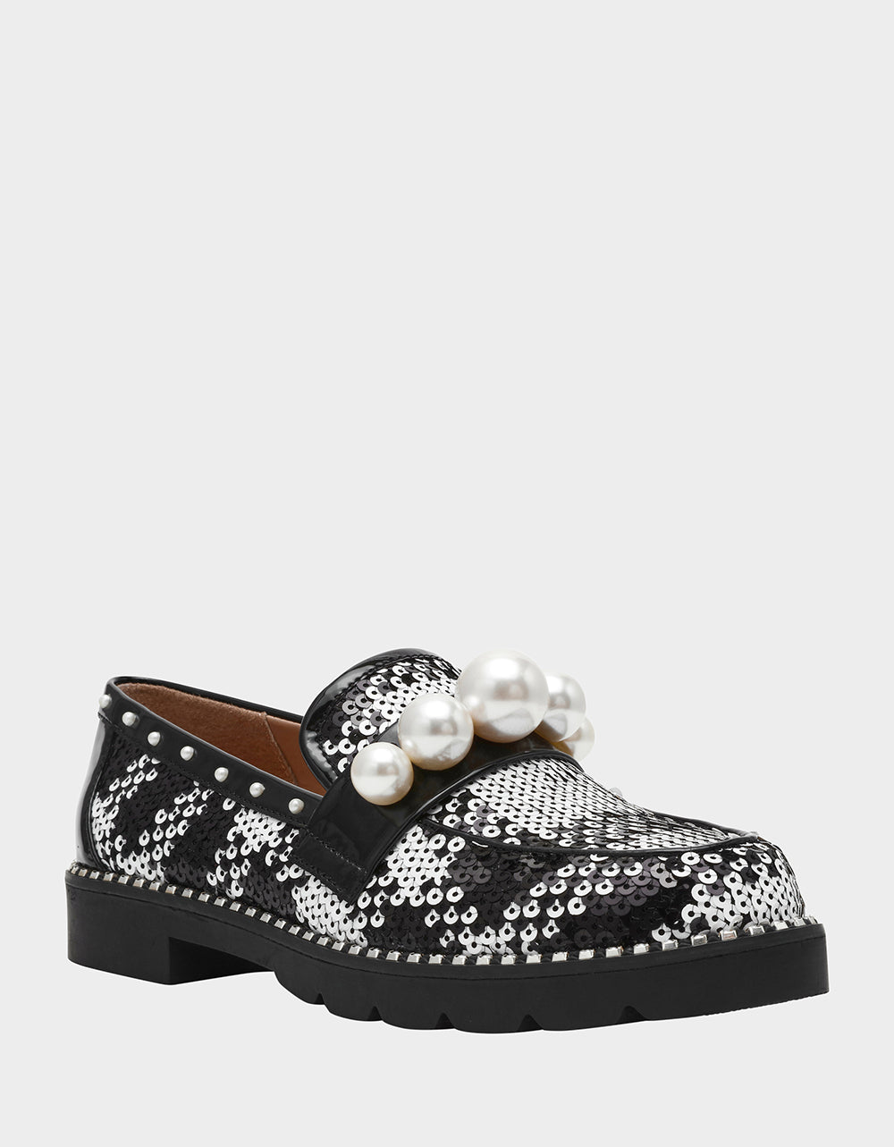 Betsey Johnson Premium | HARLOE BLACK WHITE PLAID Platfrom Pearl Embellished Women's Loafer