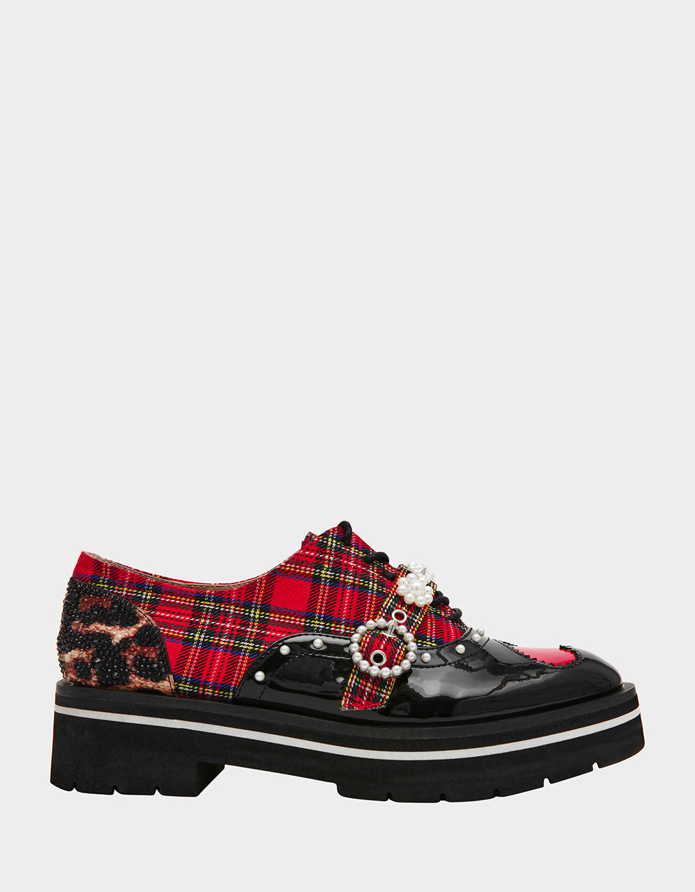 Betsey Johnson New | SIMONEE RED PLAID Platform Lace-Up Pearl Embellished Leopard Print Oxford Women's Loafer