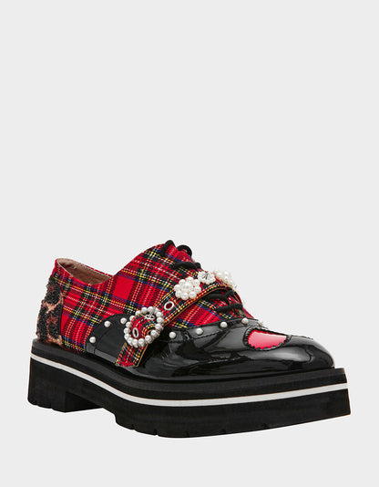 Betsey Johnson New | SIMONEE RED PLAID Platform Lace-Up Pearl Embellished Leopard Print Oxford Women's Loafer