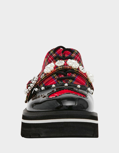 Betsey Johnson New | SIMONEE RED PLAID Platform Lace-Up Pearl Embellished Leopard Print Oxford Women's Loafer