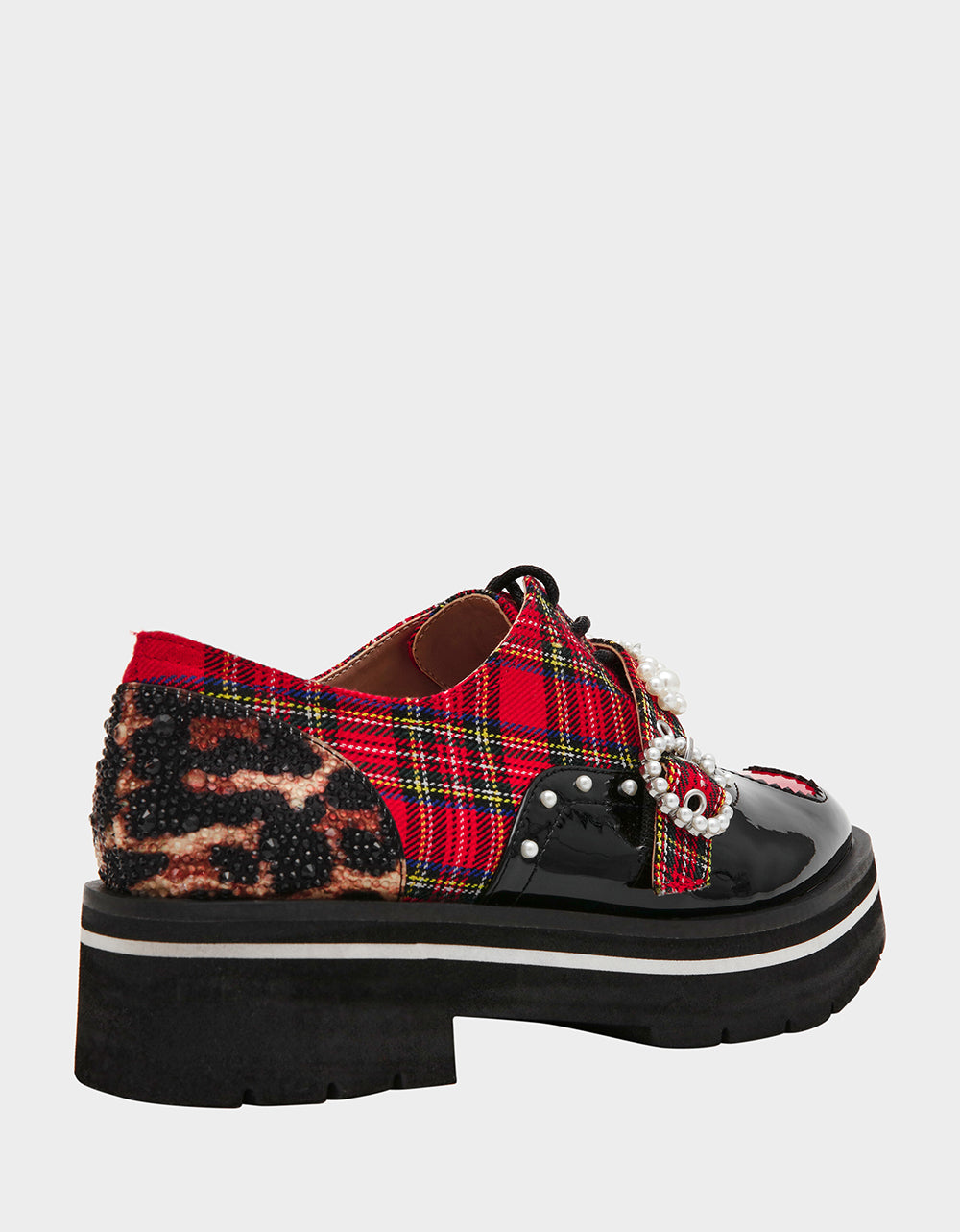 Betsey Johnson New | SIMONEE RED PLAID Platform Lace-Up Pearl Embellished Leopard Print Oxford Women's Loafer