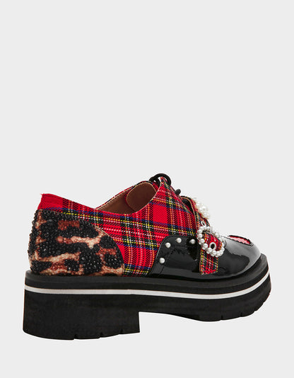 Betsey Johnson New | SIMONEE RED PLAID Platform Lace-Up Pearl Embellished Leopard Print Oxford Women's Loafer