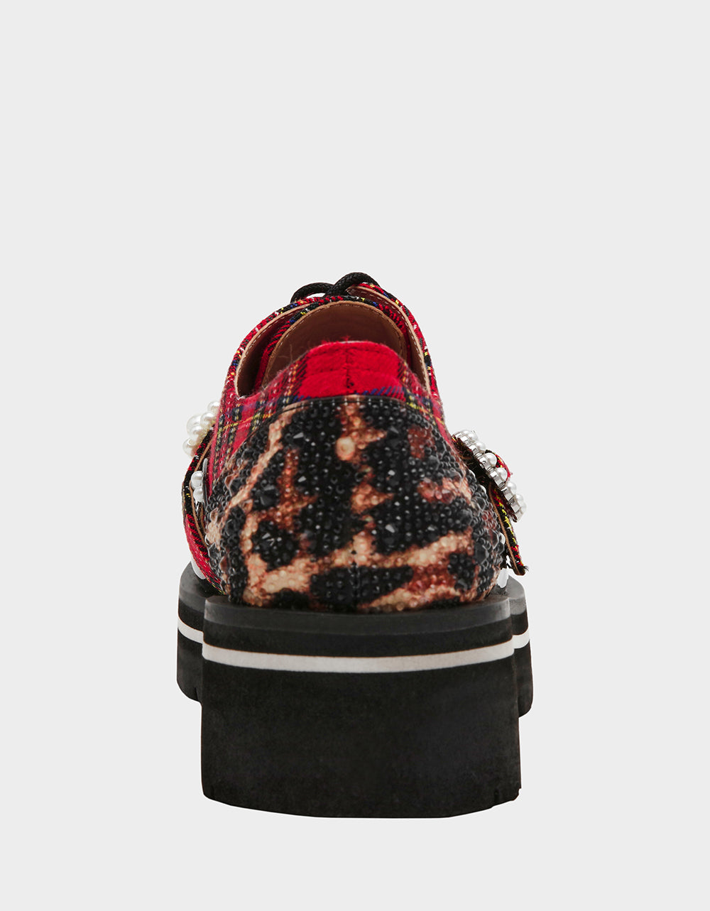 Betsey Johnson New | SIMONEE RED PLAID Platform Lace-Up Pearl Embellished Leopard Print Oxford Women's Loafer