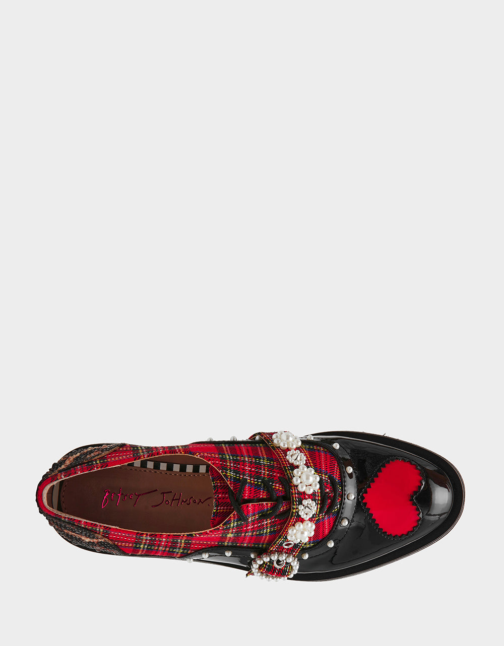 Betsey Johnson New | SIMONEE RED PLAID Platform Lace-Up Pearl Embellished Leopard Print Oxford Women's Loafer