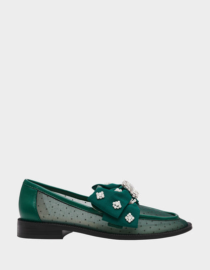 Betsey Johnson Exclusive | SETH EMERALD Women's Mesh Pearl Bow Slip-On Loafer