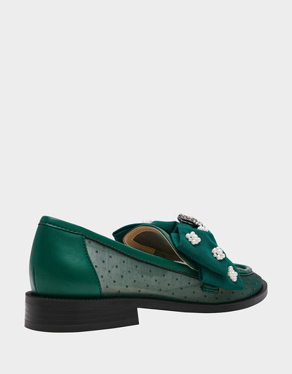 Betsey Johnson Exclusive | SETH EMERALD Women's Mesh Pearl Bow Slip-On Loafer