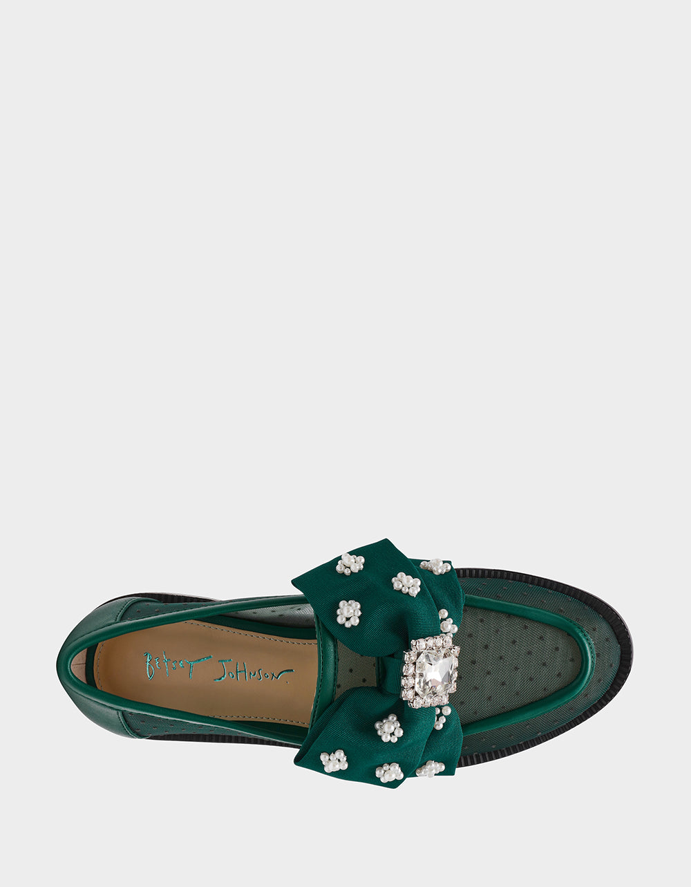 Betsey Johnson Exclusive | SETH EMERALD Women's Mesh Pearl Bow Slip-On Loafer