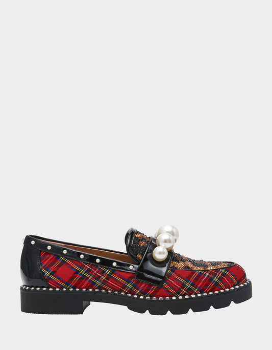 Betsey Johnson Trusted | HARLOE RED PLAID Platfrom Pearl Embellished Women's Loafer