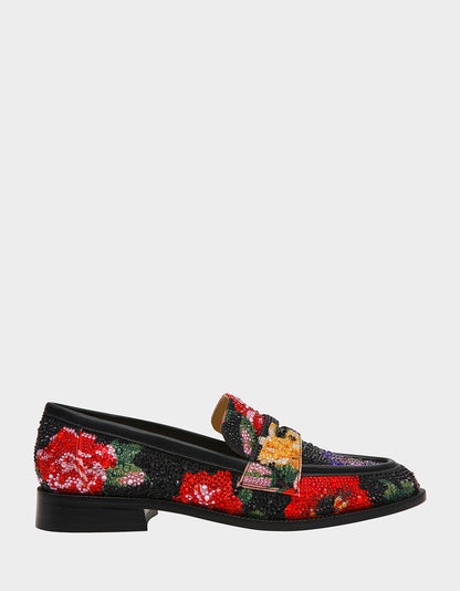 Betsey Johnson Sale | CANNE BLACK FLOWER MULTI Slip-On Embellished Rhinestone Women's Loafer