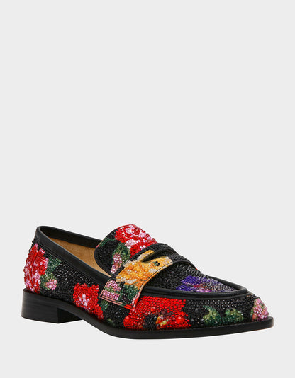 Betsey Johnson Sale | CANNE BLACK FLOWER MULTI Slip-On Embellished Rhinestone Women's Loafer